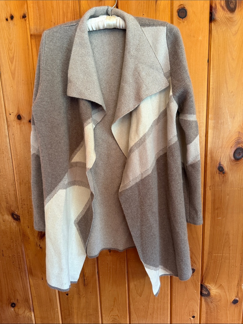 Tahari Pure Luxe 100% Cashmere Waterfall Cardigan Colorblock Grey Cream L